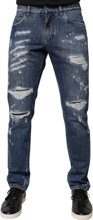 Dolce & Gabbana Mens Blue Cotton Tattered Skinny Denim Jeans Clothing