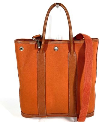 Herm&egrave;s Garden Orange Leather Canvas Shoulder Bag Tote Bag (Pre-Owned)