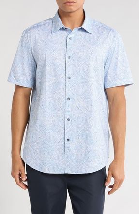Bugatchi Paisley Print Short Sleeve Shirt in Sky at Nordstrom Rack, Size X-Large