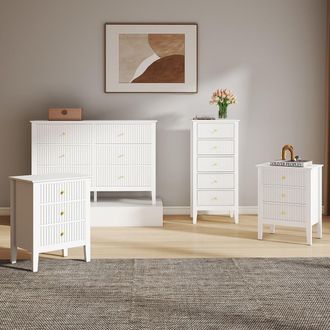Melody Maison 6 Drawer Chest Of Drawers, Tall 5 Drawer Bedside Table & Pair Of 3 Drawer Bedside Tables - Hales White Range