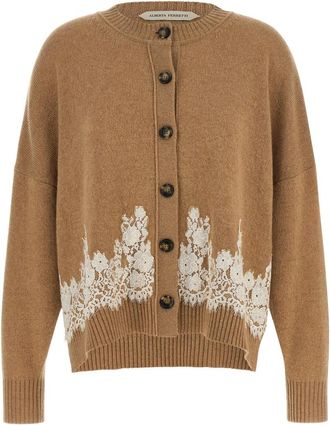 Alberta Ferretti Brown Lace Crew Neck Cardigan