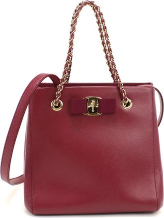 Ferragamo Red Color Wine Leather Tote Bag (Pre-Owned)