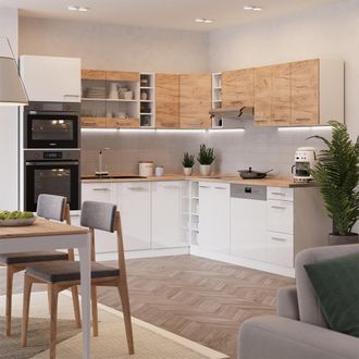 Vicco Cocina Esquinera R-line, Oro Potencia Roble/blanco, 247 X 60 Cm Muebles Bicolor, Enc Roble, Vicco