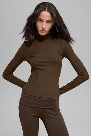 Alo | Ribbed Mesmerize Mock Neck Long Sleeve Top in Espresso Brown, Size: Medium