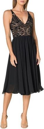 Dress The Population Alicia Fit & Flare Dress in Black/Beige at Nordstrom Rack, Size X-Large