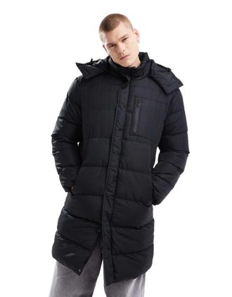 Brave Soul longline puffer jacket with detachable hood in black
