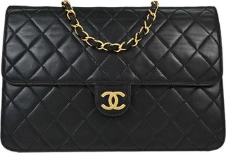 Chanel Vintage Square Flap Quilted Lambskin Black Leather Handbag (Pre-Owned)
