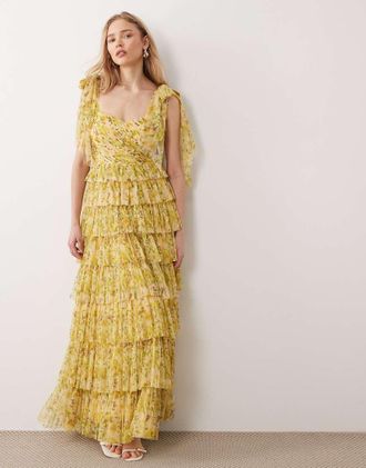 Lace & Beads Ophelia - Vestito lungo in tulle giallo a fiori con fiocco sulle spalle
