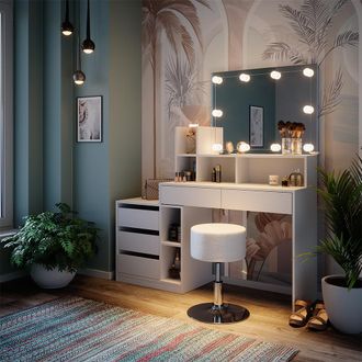 Vicco Tocador Anja, Blanco, 139.8 Cm Con Iluminaci&oacute;n Led Y Taburete
