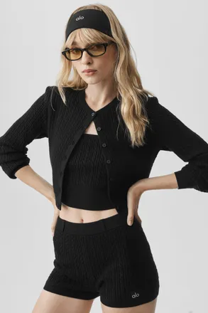 Alo | Mini Cable Sweater Cardigan Top in Black, Size: Medium