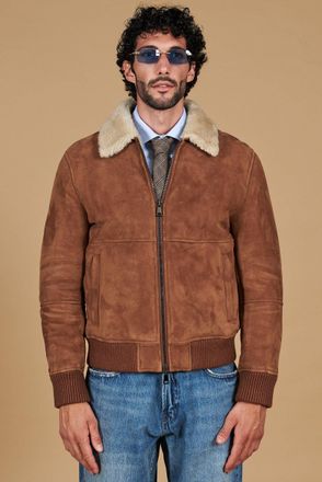 D'Arienzo Montone Shearling color cuoio bomber scamosciato collo camicia DArienzo, Seleziona Taglia 48, Colore Cuoio
