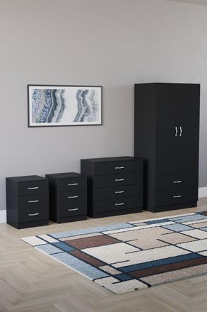 Home Discount Vida Designs Riano 4Pc Bedroom Set 3 Drawer Bedside, 4 Drawer Chest in Black
