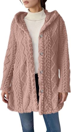 Generic Fleece Jacket Women Flannel Hooded Long Sleeve Cardigans Plain Jacquard Fluffy Jacket Ladies Fuzzy Teddy Bear Coat Button Down Autumn Winter Outerwear