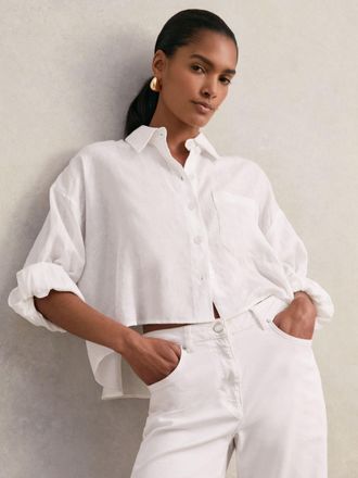 Reiss White Oversize Linen Cropped Shirt, 16