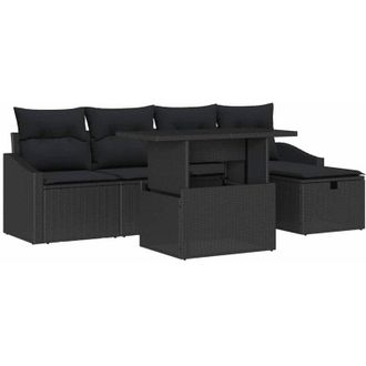 vidaXL Conjunto De Sof&aacute; De Jard&iacute;n Con Coj&iacute;n 6 Pcs Negro Polirat&aacute;n