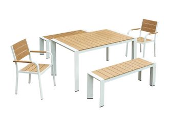 Vente-Unique Comedor de jard&iacute;n de aluminio: mesa L.150 cm, 2 sillones y 2 bancos - Natural claro y blanco - NYROS de MYLIA