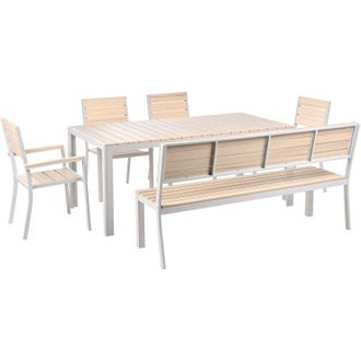 Beliani Garden Dining Set 4 Chairs Bench Table Beige Wood and White Aluminium Frame Plywood 7 Seater Rust UV Resistant Modern COMO/PRATO