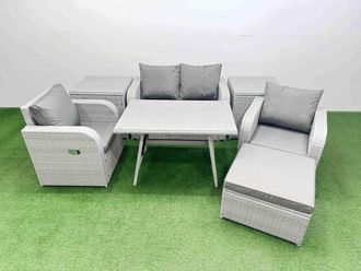 Fimous Light Grey PE Rattan Garden Furniture Set Reclining Chair Love Sofa
