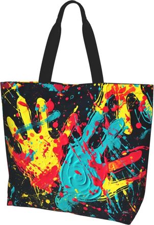 Generic Colorful Handprints Handbag Durable Shopping Bag Handle Handbags For Work College Daily Use