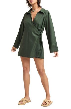 Vitamin A Elodie Long Sleeve Organic Cotton Wrap Cover-Up Dress in Frorest Organic Cotton at Nordstrom, Size X-Small