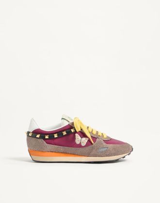 Valentino Garavani Stud Up Trainer In Split Leather And Nylon With Butterfly Embroidery Wo