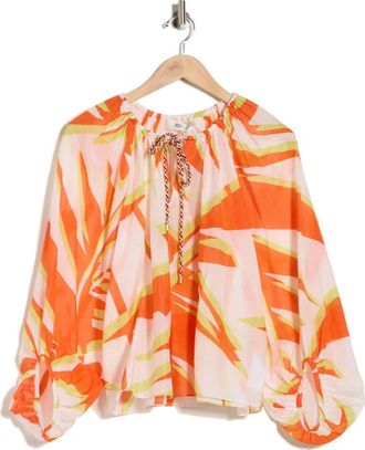 Diane Von F&uuml;rstenberg Celia Balloon Sleeve Cotton & Silk Top in Palm Geo Orange Giant at Nordstrom Rack, Size Xx-Small