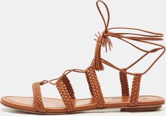 Aquazzura Tan Leather Braided Stromboli Flat Sandals