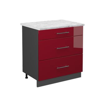 Vicco Mueble Bajo De Cocina Fame-line, Rojo Burdeos Alto Brillo, 80 Cm Con 3 Cajones, Et M&aacute;rmol