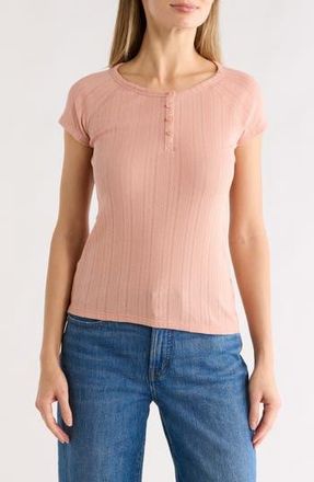 Lucky Brand Pointelle Cap Sleeve Cotton Blend Henley in Cameo Brown at Nordstrom Rack, Size X-Small