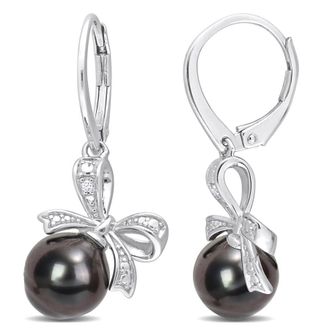 Amour 8-9mm Black Tahitian Cultured Pearl and Diamond Accent Bow Leverback Earrings In Sterling Silver