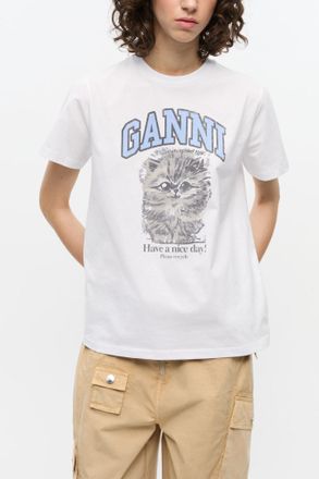 Ganni White Relaxed Jersey Kitty T-shirt - Size S Organic Cotton