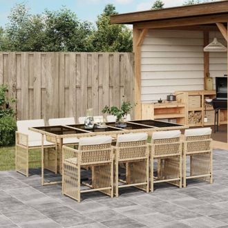 vidaXL Set Comedor De Jard&iacute;n 9 Pzas Con Cojines Rat&aacute;n Sint&eacute;tico Beige Vidaxl