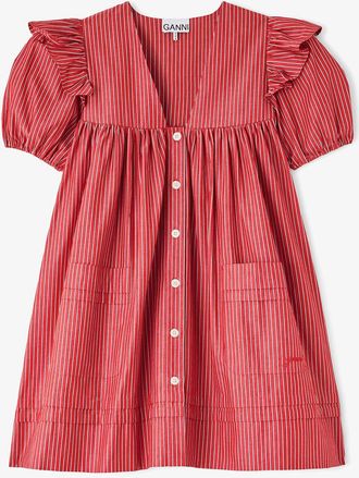 Ganni Red Mini Dress in Striped Cotton - Size 32 Organic