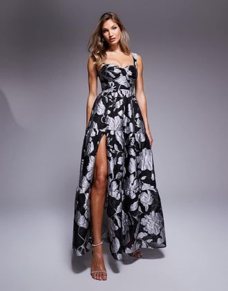 Asos jacquard corseted strappy maxi dress in mono floral-Black