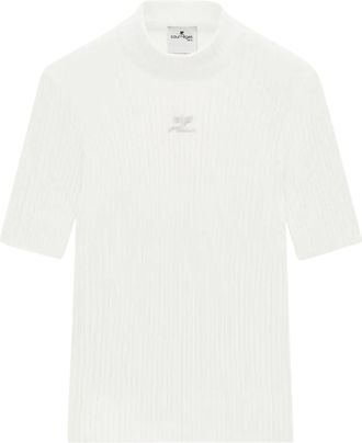 Courr&egrave;ges Short-Sleeved Fitted Knit Sweater with Subtle Logo Detail