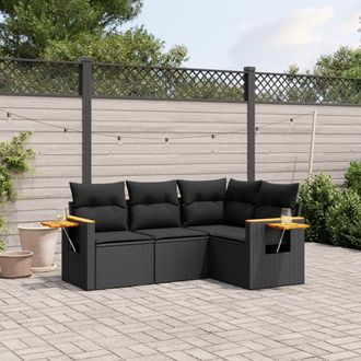 vidaXL Juego De Sof&aacute;s Jard&iacute;n 4 Pzas Con Cojines Rat&aacute;n Sint&eacute;tico Negro Vidaxl