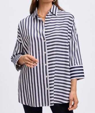 Foxcroft Avery Double Stripe Quarter Sleeve Top In Navy/white