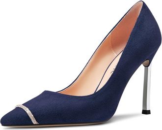 Castamere Womens Stiletto High Heel Pointed Toe Slip-on Rhinestone Crystal Pumps Court Shoe Wedding Office Sexy 10 CM Heels Navy Blue 5.5 UK