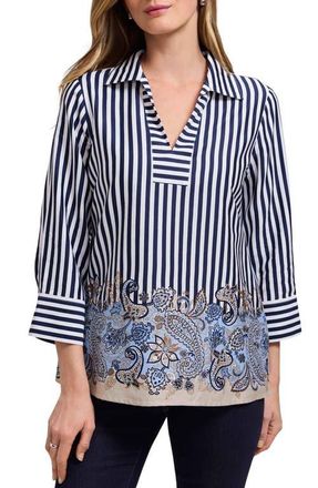 Foxcroft Julia Stripe Paisley Shirt in Blue Multi at Nordstrom, Size Large