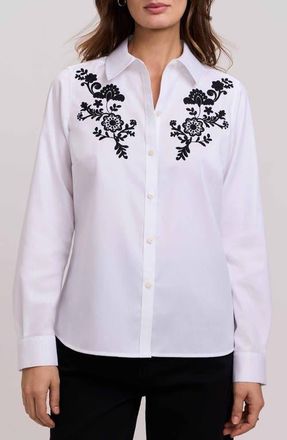 Foxcroft Hampton Floral Embroidered Cotton Blend Button-Up Shirt in White/black at Nordstrom, Size X-Large