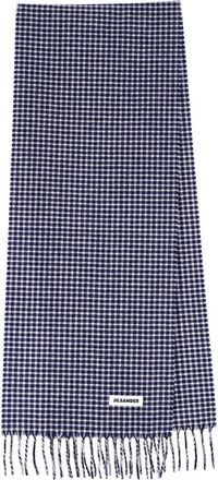 Jil Sander Blue Check Virgin Wool Fringed Scarf