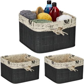Relaxdays Set of 2 Storage Baskets, Bamboo & Polyester, 20 x 31 x 31 cm, with Handle Hole, Fabric Lining, Black/Cream - Relaxdays
