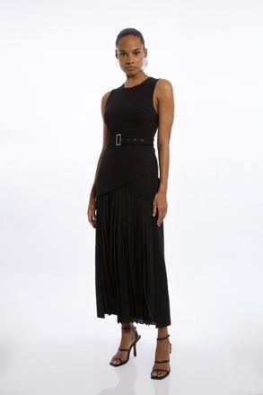 Karen Millen Womens Ponte And Georgette Jersey Pleated Maxi Dress - Black Viscose - Size X-Small