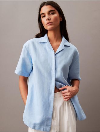 Calvin Klein Womens Linen Blend Camp Button-Down Shirt - Blue - XS