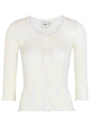 Chlo&eacute; Ribbed Lace-trims Cotton and Silk-blend top - White - S (UK8-10 / S)