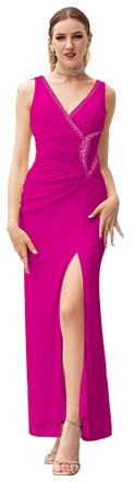 Angel Fashions Womens V Neck Lace Split Ruffled Beading Sheath Dress Magenta Size 10