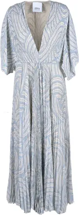 Erika Cavallini Semi Couture White Light Blue V-Neck Pleated Maxi Dress