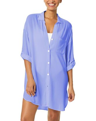 Anne Cole Mid Length Shirttail Button Down Top