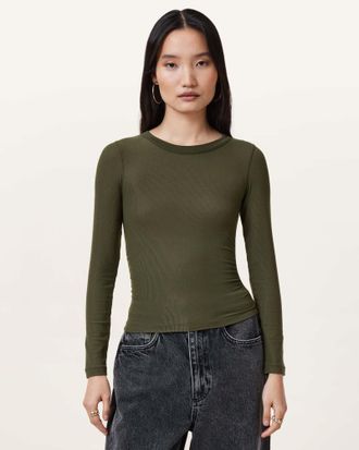 AllSaints Womens Lyocell Bec Long Sleeve Ramskull T-Shirt, Size: L