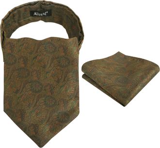 Alizeal Mens Cravat Tie Set Ascot Retro Floral for Banquet Party Tie and Pocket Square Set, Olive Green+Orange